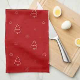 赤いクリスマスパターン。フェスティバルの木と雪片 キッチンタオル