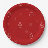 赤いクリスマスパターン。フェスティバルの木と雪片 ペーパープレート (正面)