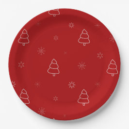 赤いクリスマスパターン。フェスティバルの木と雪片 ペーパープレート