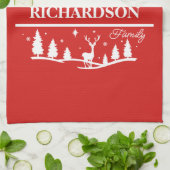 赤いクリスマスパーソナライズされたの姓 |休日 キッチンタオル (折り畳み)