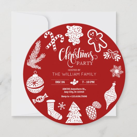 赤いクリスマスパーティーオーナメント 招待状 (正面)