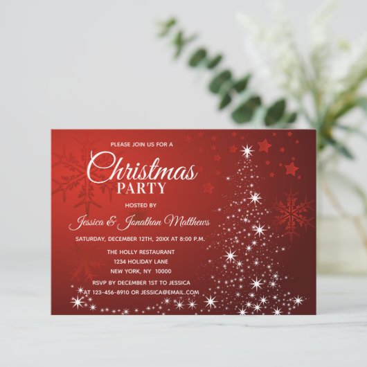 赤いクリスマスパーティー白い雪片ツリースパークル 招待状 (スタンド正面)