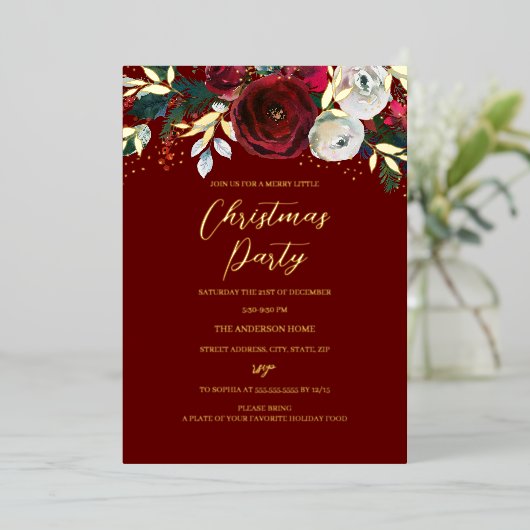 赤いクリスマスフェスティバルの葉パーティー 箔招待状 (立ち正面)