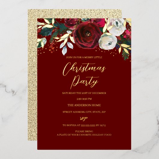 赤いクリスマスフェスティバルの葉パーティー 箔招待状 (正面/裏面)