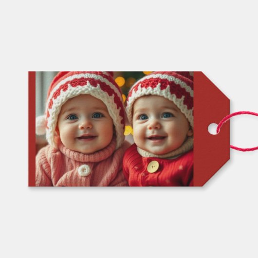 赤いクリスマスフォトアドカスタム文字ギフトラベル ギフトタグ (正面(横))