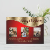 赤いクリスマスフォトカードと金ゴールドの輝縁どき シーズンカード (スタンド正面)