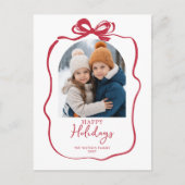 赤いクリスマスフォトハンドドロッドボウリボン シーズンポストカード (正面)
