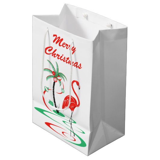 赤いクリスマスフラミンゴメリークリスマスメディア ミディアムペーパーバッグ (正面アングル)