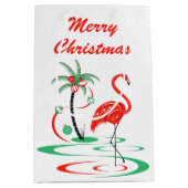 赤いクリスマスフラミンゴメリークリスマスメディア ミディアムペーパーバッグ (正面)