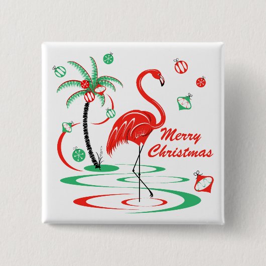 赤いクリスマスフラミンゴメリークリスマス広場 缶バッジ (正面)