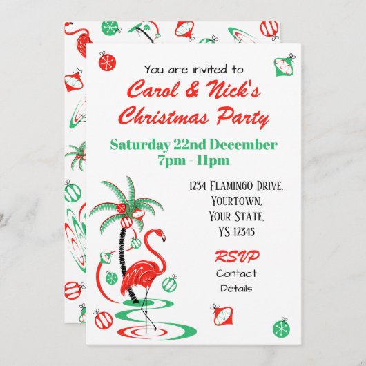 赤いクリスマスフラミンゴ数々のへの招待 招待状 (正面/裏面)