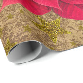 赤いクリスマスフラワー、金ゴールド星オン抽象芸術紙 ラッピングペーパー (ロールコーナー)