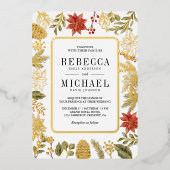 赤いクリスマスフローラフォトコラージュ結婚の金ゴールド 箔招待状 (正面)