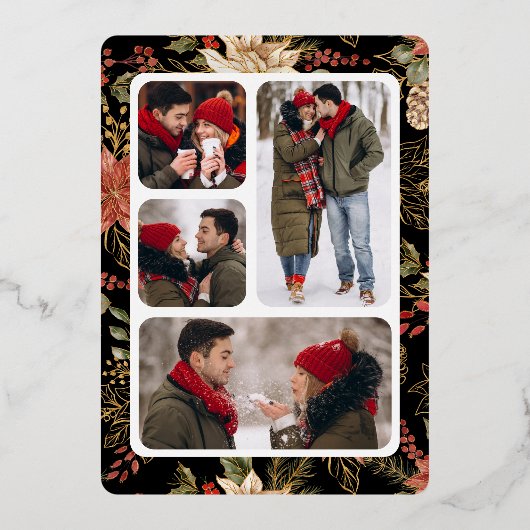 赤いクリスマスフローラフォトコラージュ結婚の金ゴールド 箔招待状 (裏面)