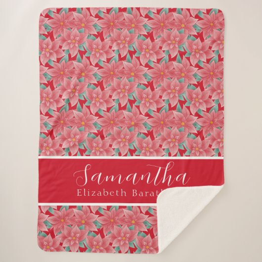 赤いクリスマスフローラポインセチアパーソナライズされた名 シェルパブランケット (正面)