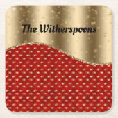 赤いクリスマスフローラ(金ゴールドリボンと名前) スクエアペーパーコースター (正面)