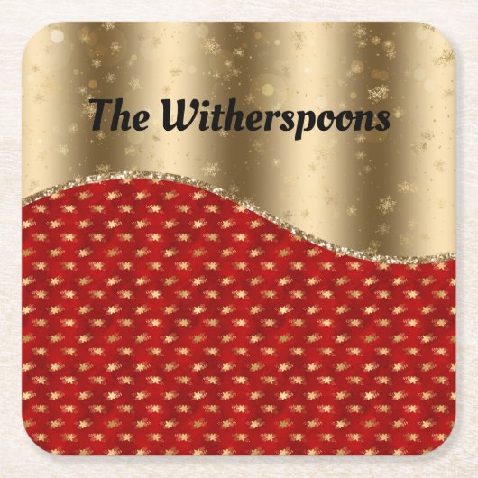 赤いクリスマスフローラ(金ゴールドリボンと名前) スクエアペーパーコースター (正面)