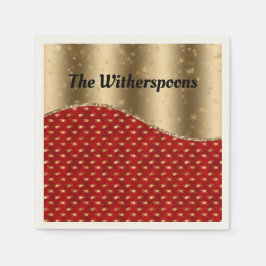 赤いクリスマスフローラ(金ゴールドリボンと名前) スタンダードカクテルナプキン