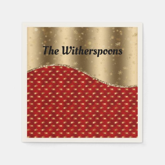 赤いクリスマスフローラ(金ゴールドリボンと名前) スタンダードカクテルナプキン (正面)