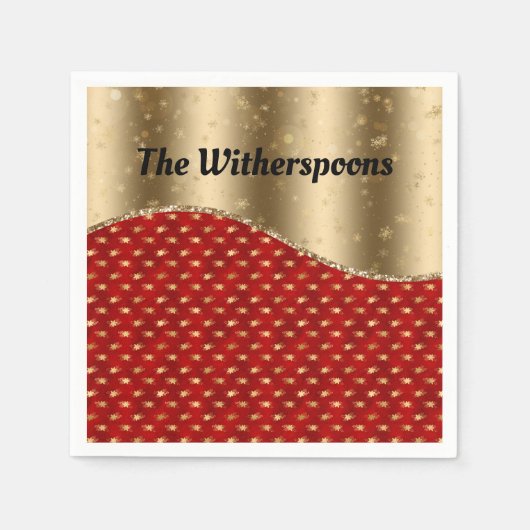 赤いクリスマスフローラ(金ゴールドリボンと名前) スタンダードカクテルナプキン (正面)