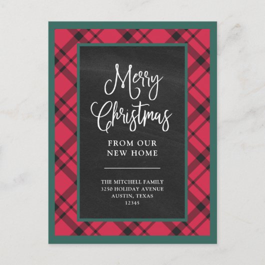 赤いクリスマスプレイド |新しい自宅引っ越しのお知らせ ポストカード (正面)
