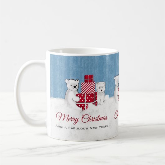赤いクリスマスプレゼントが贈られる愛らしいホッキョクグマ コーヒーマグカップ (左)
