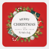 赤いクリスマスプレゼントと家族のサインを書く スクエアシール (正面)