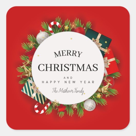 赤いクリスマスプレゼントと家族のサインを書く スクエアシール (正面)