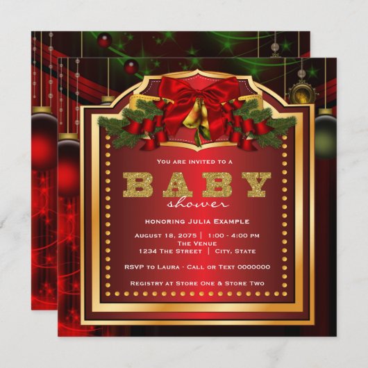 赤いクリスマスベビーシャワー 招待状 (正面/裏面)