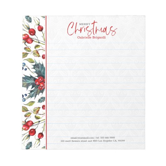赤いクリスマスベリーと緑の冬の葉 ノートパッド (正面)