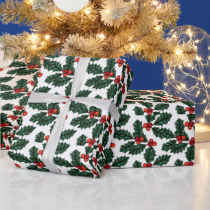 赤いクリスマスベリーと葉白いクリスマス ラッピングペーパー