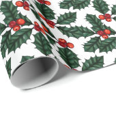 赤いクリスマスベリーと葉白いクリスマス ラッピングペーパー (ロールコーナー)