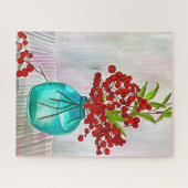 赤いクリスマスベリーの水彩画ファインアート ジグソーパズル (横)