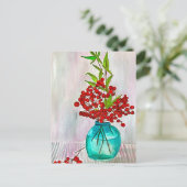 赤いクリスマスベリーの水彩画ファインアート ポストカード (スタンド正面)