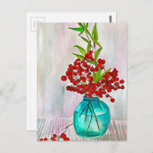 赤いクリスマスベリーの水彩画ファインアート ポストカード (正面/裏面)