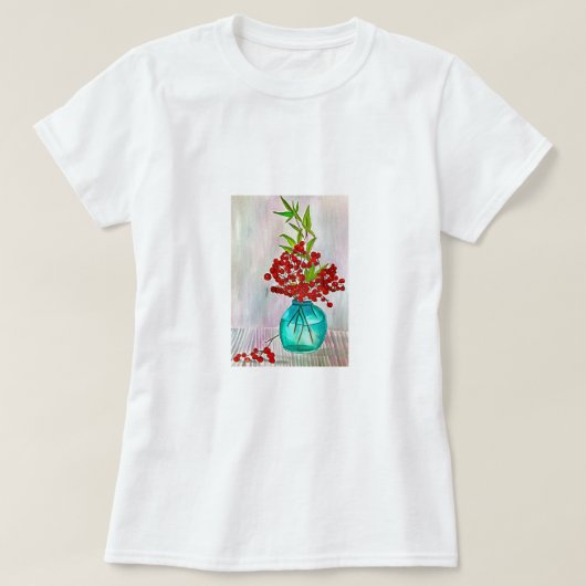 赤いクリスマスベリーの水彩画ファインアート Tシャツ (デザイン正面)