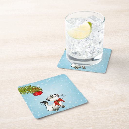 赤いクリスマスボウ姿の奇妙な子猫 スクエアペーパーコースター (インサイチュ)