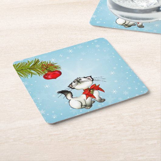 赤いクリスマスボウ姿の奇妙な子猫 スクエアペーパーコースター (アングル)