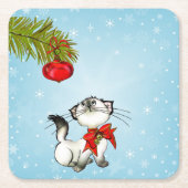 赤いクリスマスボウ姿の奇妙な子猫 スクエアペーパーコースター (正面)