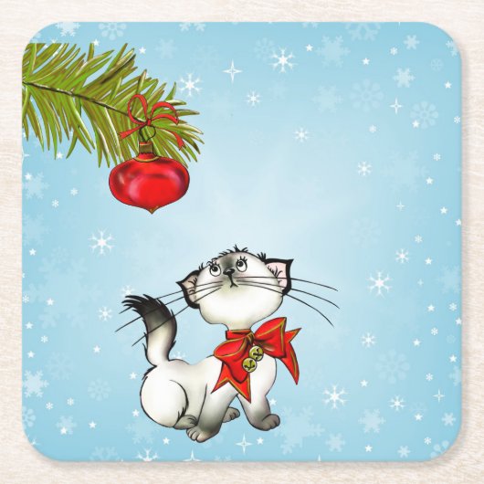 赤いクリスマスボウ姿の奇妙な子猫 スクエアペーパーコースター (正面)