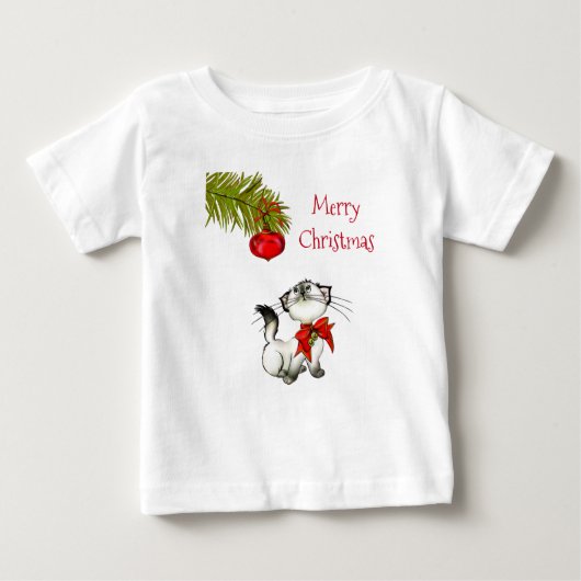 赤いクリスマスボウ姿の奇妙な子猫 ベビーTシャツ (正面)