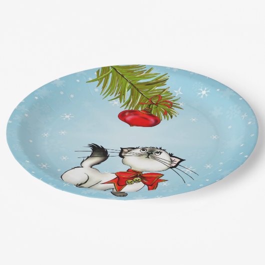 赤いクリスマスボウ姿の奇妙な子猫 ペーパープレート (アングル)