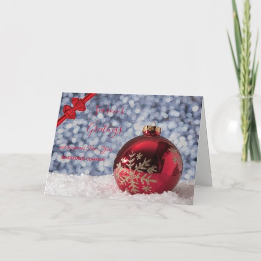 赤いクリスマスボール、赤い弓、あいさつ企業のい シーズンカード (正面)