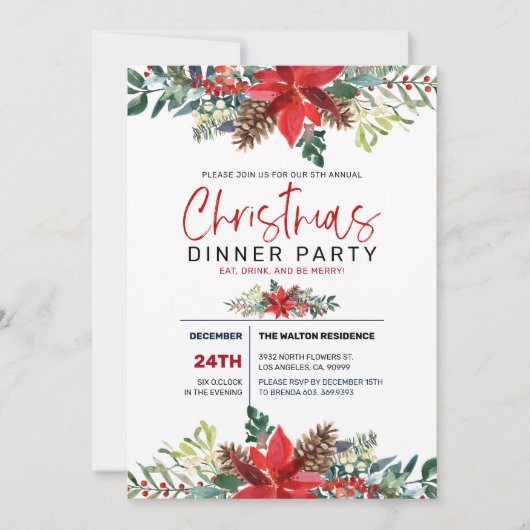 赤いクリスマスポインセチアと冬の葉 招待状 (正面)