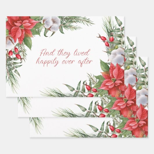 赤いクリスマスポインセチアパーソナライズされた枠 ラッピングペーパーシート (セット)