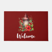 赤いクリスマスランタンポインセチアとパインウェルカム ドアマット (正面)