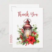 赤いクリスマスランタンポインセチアとピンありがとう ポストカード (正面/裏面)