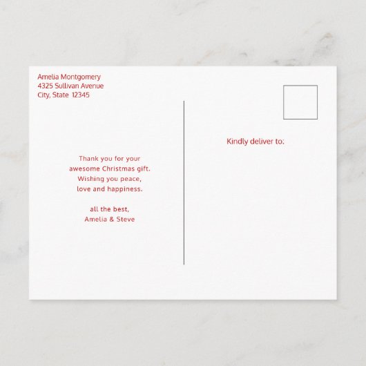 赤いクリスマスランタンポインセチアとピンありがとう ポストカード (裏面)