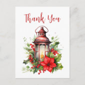 赤いクリスマスランタンポインセチアとピンありがとう ポストカード (正面)