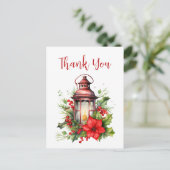 赤いクリスマスランタンポインセチアとピンありがとう ポストカード (スタンド正面)